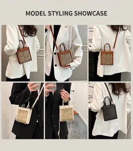 Detailed views of checkered mini crossbody bags worn in various daily commute styles