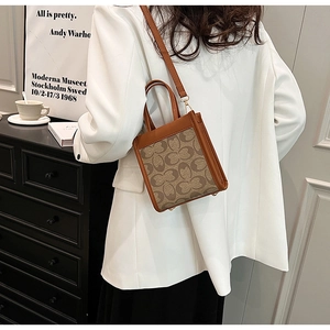 Brown mini tote bag with monogram print canvas on a model in white blazer suit