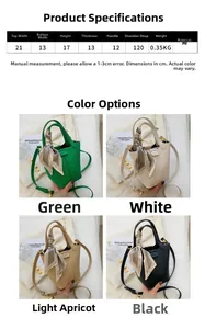 Detailed size guide and color options for the women PU leather bucket bag with silk scarf