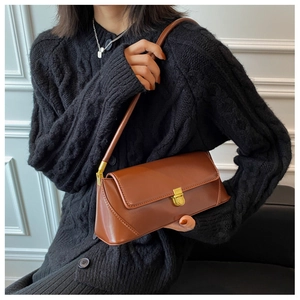 Detail of a brown leather baguette bag with a gold metal clasp and sleek finish