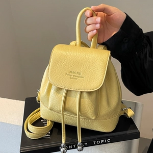 Women Mini Fashion Backpack Lychee Pattern PU Leather Small Travel Rucksack With Drawstring Bead Decor Daily Shoulder Bag