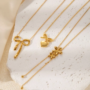 Titanium Steel Bowknot Heart Flower Pendant Necklace Gold Plated Artificial Pearl Tassel Sweet Elegant Clavicle Chain For Women