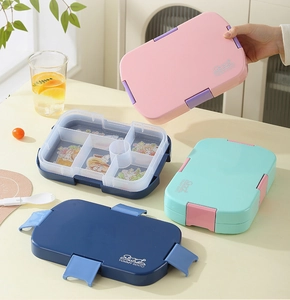 Fiambrera de tres compartimentos en rosa y azul con tapas de cierre hermético