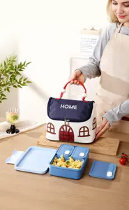 Detail van geïsoleerde lunchtas met huisontwerp, parelhandvat en bento box vak