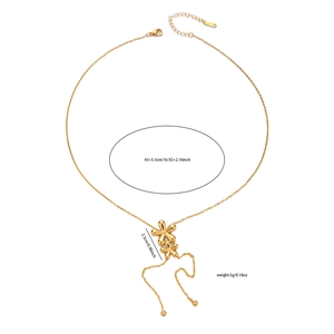 Detail view of gold flower tassel necklace showing dimensions and S.STEEL material