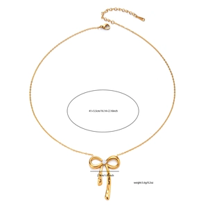 Detail view of golden bow pendant necklace with 41+5.5cm chain length and size specs
