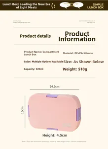 Tabella delle dimensioni e specifiche della scatola da pranzo rosa da 920 ml con scomparti