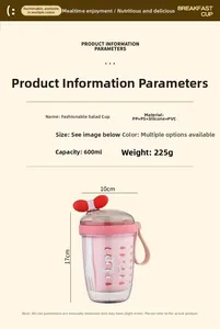 Détails du gobelet à salade rose montrant la capacité de 600ml et la hauteur de 17cm