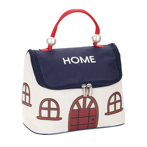 Huisvormige koeltas voor lunchbox met HOME-print, parelhandvat en aluminium voering
