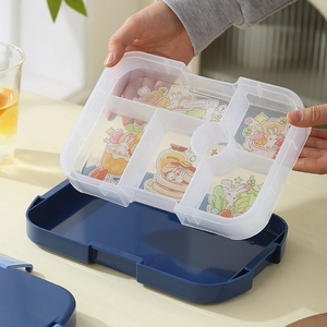 Caja bento azul con 5 compartimentos de plástico y lindos patrones de dibujos