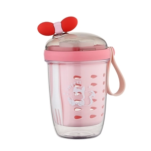 Gobelet à salade rose double couche avec nœud rouge, lanière et fourchette intégrée