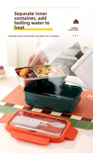 Detail showing hot water injection into the outer container of the thermal bento box