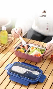 Detail of insulated 304 stainless steel bento box with built-in cutlery and divided sections
