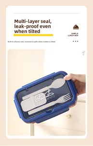 Detail of blue bento box showing leakproof silicone seal and built-in utensil storage
