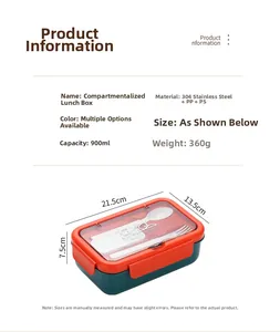 Detailed 900ml 304 stainless steel bento box with 45-degree view and dimensions