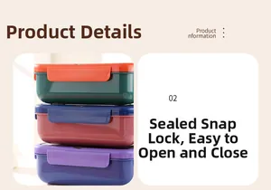 Detail of multi-colored bento box showing reinforced secure side buckles for tight sealing