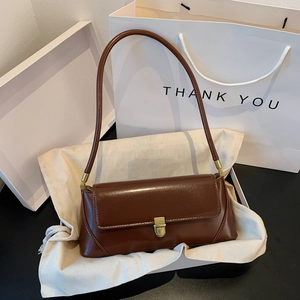 Baguette Underarm Shoulder Bag PU Leather Retro Gold Metal Buckle Solid Color Minimalist Fashion For Women Daily Match