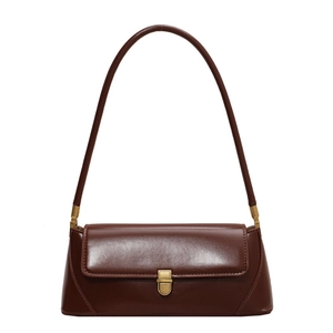 Retro dark brown baguette shoulder bag with glossy leather and gold metal buckle