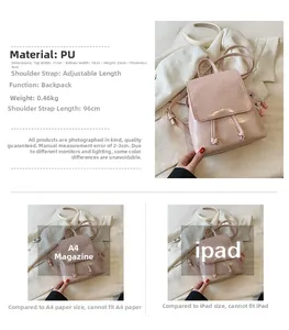 Dimensiones mochila rosa PU con altura 23cm, ancho 19cm y detalle de pompón