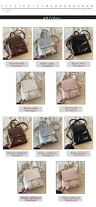 Detalle de mini mochilas de cuero PU en marrón, plateado, negro, blanco y rosa
