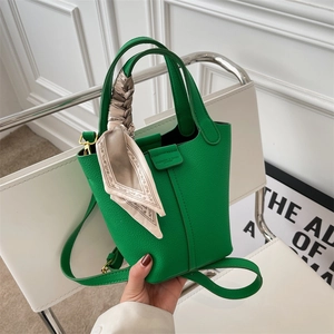 Women Bucket Bag PU Litchi Texture With Scarf Handle Adjustable Strap Crossbody Handbag Minimalist Urban Fashion