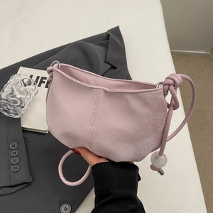 Minimalist light pink PU crescent shoulder bag with knot detail and decorative bead