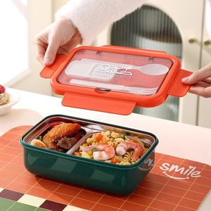 Boîte bento en acier inoxydable 304 à 2 compartiments, couvercle orange et couverts inclus