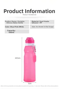 Collapsible 600ML silicone sports bottle with carabiner showing size and specs