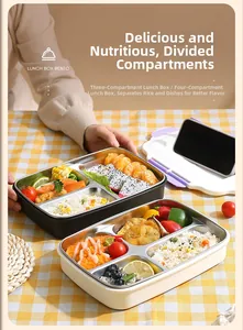 Detail view of 4-grid and 3-grid stainless steel lunch boxes with built-in phone holder lid