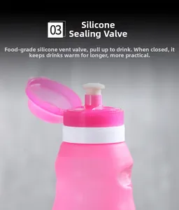 Detail of pink silicone sports bottle cap with leak-proof valve and white mouthpiece