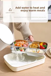 Detail showing hot water injection into a 4-compartment SUS304 stainless steel lunch box