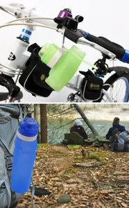 Collapsible silicone water bottle with carabiner shown clipped to bike and backpack