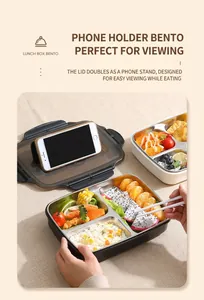Dettaglio portapranzo in acciaio inox con scomparti e coperchio supporto cellulare