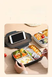 Detail of 304 stainless steel lunch box with multi-compartments and phone holder lid