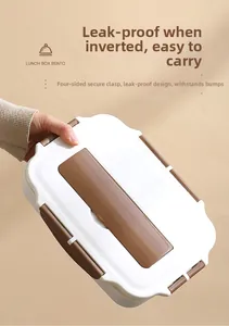 Leakproof bento lunch box with secure 4-side buckles shown being tilted to test seal