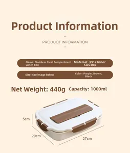Detail view of 1000ml stainless steel lunch box showing dimensions and 304 material specs