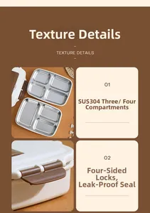 Detailed view of SUS304 stainless steel lunch box with leak-proof seals and 4 compartments