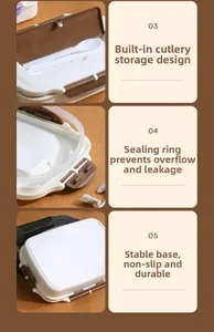 Detail view of lunch box with utensil storage, leak-proof seal and anti-slip base