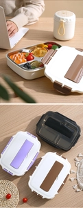 Macro detail of multi-compartment 304 stainless steel lunch box with foldable handles