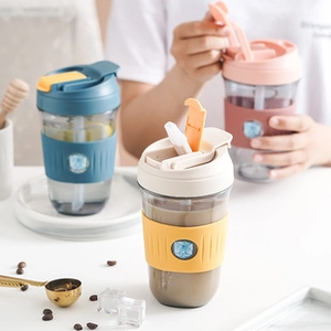 Three colorful 304 stainless steel breakfast cups with straws and silicone sleeves