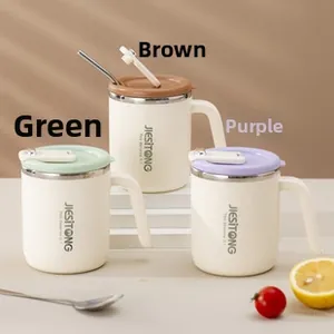 Detail of insulated breakfast cups in green, coffee, and purple with lids and handles