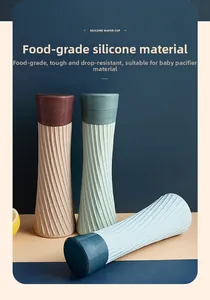 Detail of collapsible silicone water cups with anti-slip spiral texture in three colors