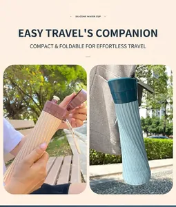 Collapsible silicone water bottle with carabiner shown folded and attached to a backpack