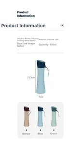 Detailed size chart of a 500ml foldable silicone water bottle showing dimensions and capacity