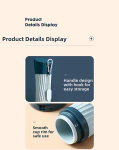 Detail of a foldable silicone water bottle featuring a metal carabiner and smooth rim