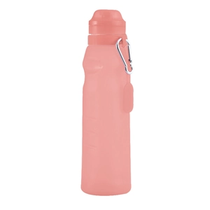 Collapsible coral pink silicone water bottle with silver carabiner for travel