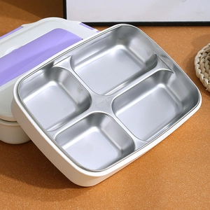 4-compartment SUS304 stainless steel lunch box with purple lid and built-in utensil storage