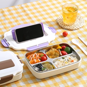 Portapranzo in acciaio inox 304 con 4 scomparti e coperchio con supporto per cellulare