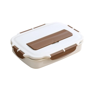 Portable 4-compartment stainless steel lunch box with utensil storage and snap lid