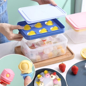 Detail of 6-cell astronaut ice pop mold with silicone tray and storage box for DIY treats